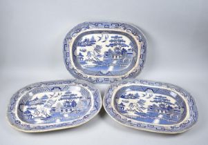 Three Late 19th Century Transfer Printed Blue and White Willow Pattern Meat Plates