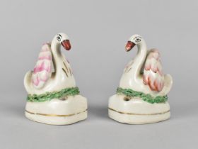 A Pair of Staffordshire Quill Holder Modelled with Swans, 9cm high