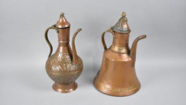 Two Persian Copper Coffee Pots with Hinged Lids, 35cms High