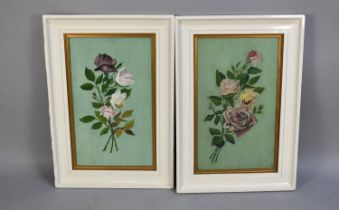 A Pair of White Painted Framed Edwardian Oils on Board, Roses, Each 57x34cms