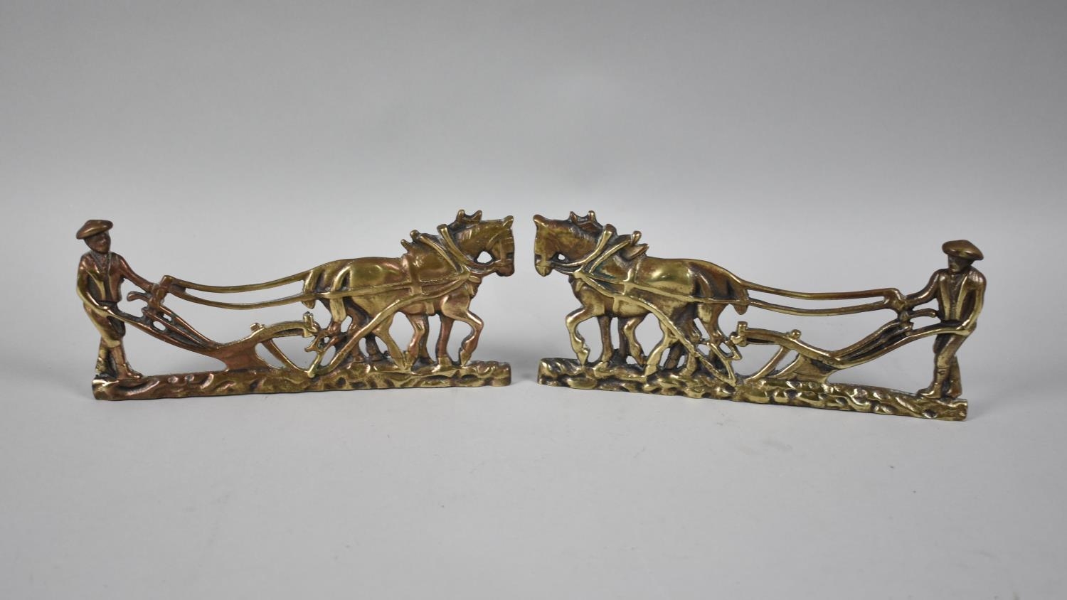 A Pair of Victorian Brass Fireside Ornaments in the Form of Pair of Heavy Horses Ploughing, 21cms