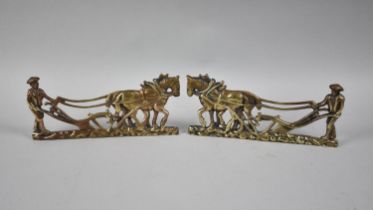 A Pair of Victorian Brass Fireside Ornaments in the Form of Pair of Heavy Horses Ploughing, 21cms