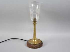 An Edwardian Brass Table Lamp with Fluted Cut Glass Shade, 37cms Overall