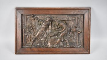 A Late 19th Century Oak Framed Bronze Plaque Depicting Blacksmiths At Work in Smithy, Cast in