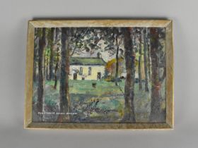 A Framed Naive Oil on Board, Cottage in Wooded Setting by Constance Allen Davis, 37x27cms
