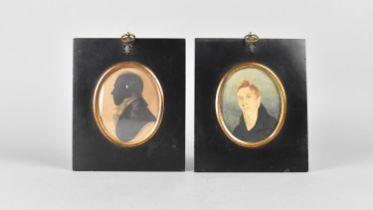 A Framed 19th Century Portrait Silhouette and a Watercolour Portrait Miniature