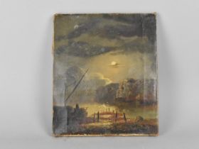 A 19th Century Mounted but Unframed Oil on Canvas Depicting Moonlit Cove with Fishing Boat and