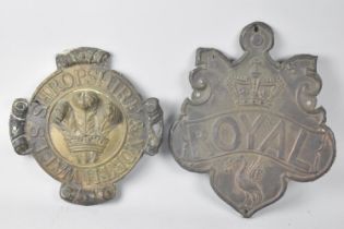 Two Pressed Metal Vintage Insurance Plaques for Shropshire and North Wales and Royal Insurance
