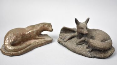 Two Bronze Effect Resin Studies of Reclining Fox and an Otter, 12cms Long