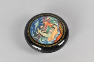 A Russian Lacquered Circular box with Original Label, Fairytale Painting to Lid, 9cms Diameter
