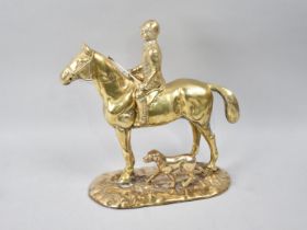 A Mid 20th Century Heavy Brass Study of Mounted Huntsman with Hound, 31cms High