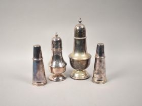 Two Silver Plated Sugar Sifters, Tallest 20cms High and a Two Piece Salt and Pepper Cruet of