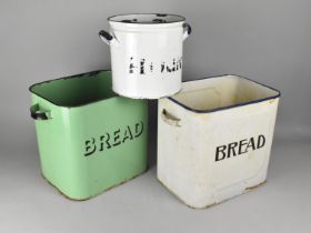 Two Vintage Enamel Bread Bins Together with a Flour Example (No Lids), 29cm high