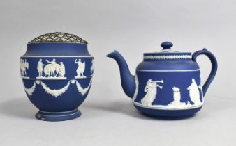 An Adams Blue and White Jasperware Teapot and a Flower Vase