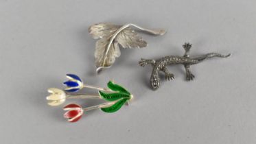 Three Silver Brooches, Enamel Tulips, Lizard and Oak Leaf