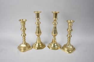 Two Pairs of Victorian Heavy Brass Candlesticks with Pushers, Tallest 25cms