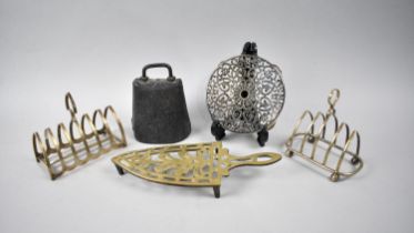 WITHDRAWN>A Late Victorian Pierced Brass Flat Iron Stand, Two Silver Plated Toast Racks, Teapot