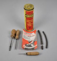 A Vintage Cylindrical Tin for Dunlop Repair Kit containing Vintage Crafting Tools