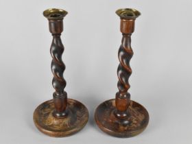 A Pair of Edwardian Oak Barley Twist Candlesticks with Brass Candle Holders, 31.5cms High
