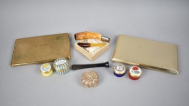 A Collection of Halcyon Days, Bilston and Crummles Enamelled Pill Boxes, Two Vintage Cigarette