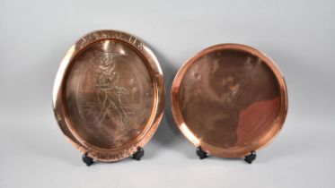 Two Pressed Copper Advertising Trays for Johnnie Walker Whisky and Atkinson's Brewery
