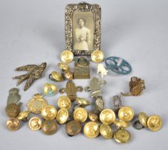 A Collection of Various Military Buttons, Silver Miniature Photo Frame, Owl Brooches Etc