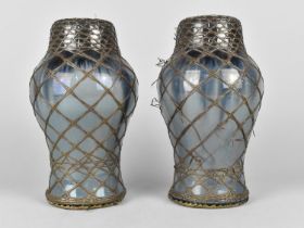 A Pair of Japanese Monochrome Vases with Wire Mounts, Two Tone Drip, 22cm high