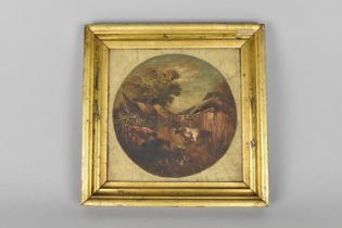 A Framed Oil on Board Depicting Cattle And Poultry in Farmyard, 16cms Diameter