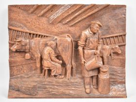 A Carved French Panel, Cow Shed Milking Scene, CA Moran, 42x33cms