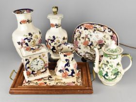 Seven Pieces of Mason's China to Comprise Mandalay Vase, Lamp Base, Mantle Clock, Small Vase, Wooden