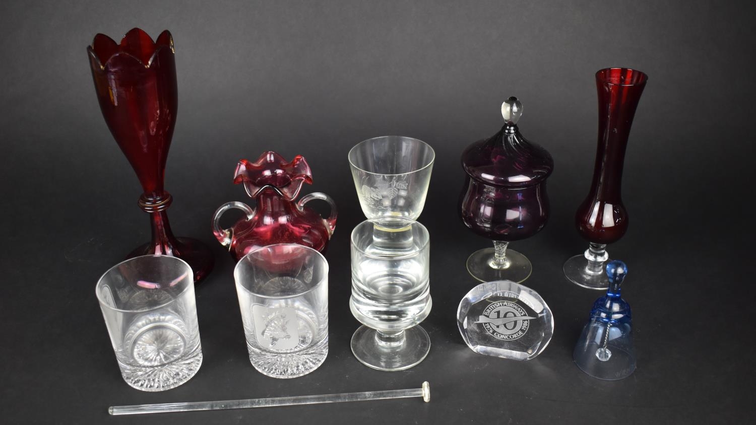 A Small Collection of Glass to Comprise Cranberry Glass Vase, Ruby Vase, Concorde Paperweight etc