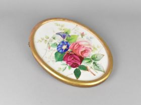 A Late 19th Century Oval Plaque, Still Life, Roses, has been Glued, 29x21cms