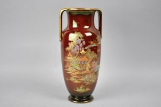 A Crown Devon Rouge Royal Two Handled Vase Decorated with Pagoda, Willow Trees, Bridge and