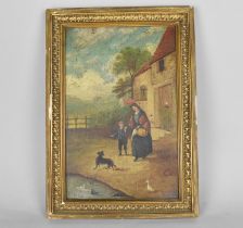A Gilt Framed Oil on Board Depicting Mother and Child in Farmyard, Signed and Dated 1908, 29x19cms