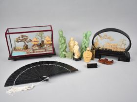 A Collection of Oriental Items to Include Cork Dioramas, Jade Effect Figures, Snuff Bottle etc