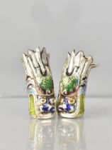 A Pair of Chinese White Metal and Enamel Terminals, Repousse Snarling Dragons, Each 28.9mm Tall