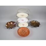 A Collection of Three Carnival Glass Bowls, Three Tier Cake Stand and a Basil Matthews Dog