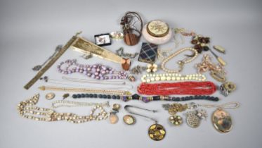 A Collection of Various Costume Jewellery, Brooches, Dressing Table Pot, Fan etc