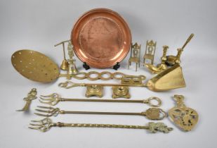 A Collection of Various Brass and Copperwares to include Toasting Forks, Candlesticks, Circular Tray