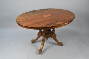 A Late Victorian Inlaid Oval Snap Top Table with Carved Quatrefoil Base, 117x85cm