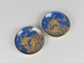 Two New Chelsea Pin Dishes Decorated in Gilt with Dragons on Powder Blue Ground, 9cm diameter