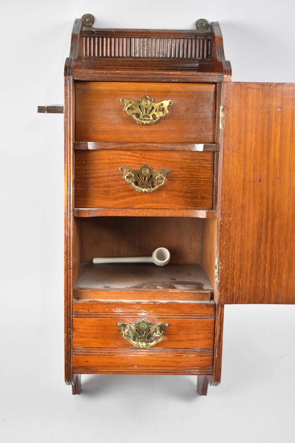 An Edwardian Oak Wall Hanging Smokers Cabinet, Base Drawer with Brass Drop Handles Under Panelled - Image 2 of 3
