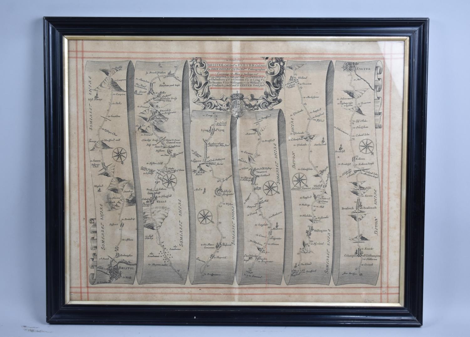 A Framed John Ogleby Map, The Road from Bristol to Exeter, 50x39cms