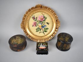 A Collection of Two Lacquered Boxes, Circular Gilt Framed Needlepoint and a Treen Lidded Powder Pot