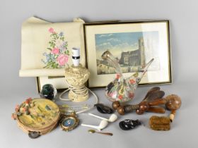 A Collection of Sundries to Include Wine Decanter, Table Lamp, Prints, Shoe Trees, Clay Pipes etc