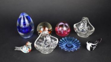 A Collection of Various Glass to Comprise Paperweights, Birds, Cut Glass Baskets etc