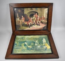 A Pair of Oak Framed Prints Depicting Internal Scenes in Gentlemens Club, Each 50x35cms