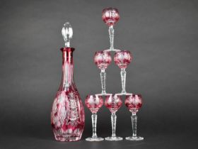 A Set of Six Overlaid Sherry Glasses Together with a Matching Decanter