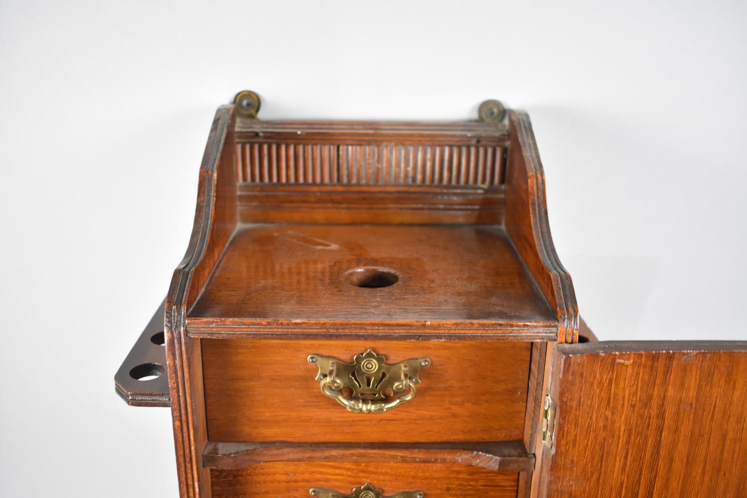 An Edwardian Oak Wall Hanging Smokers Cabinet, Base Drawer with Brass Drop Handles Under Panelled - Image 3 of 3