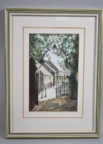 A Framed Watercolour Depicting Village Street Through Church Gate, 12x19cm